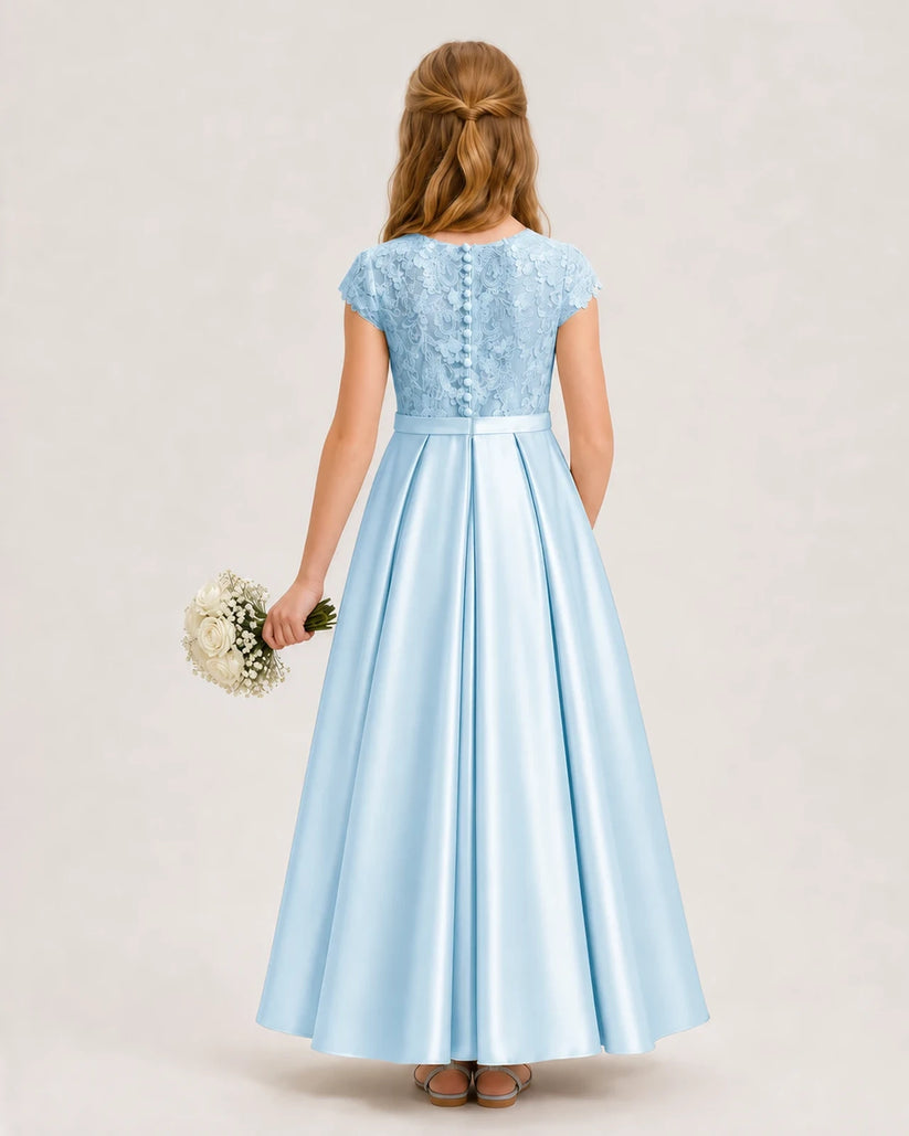 Baby Blue Lace and Satin A-Line Junior Bridesmaid Dresses Back View