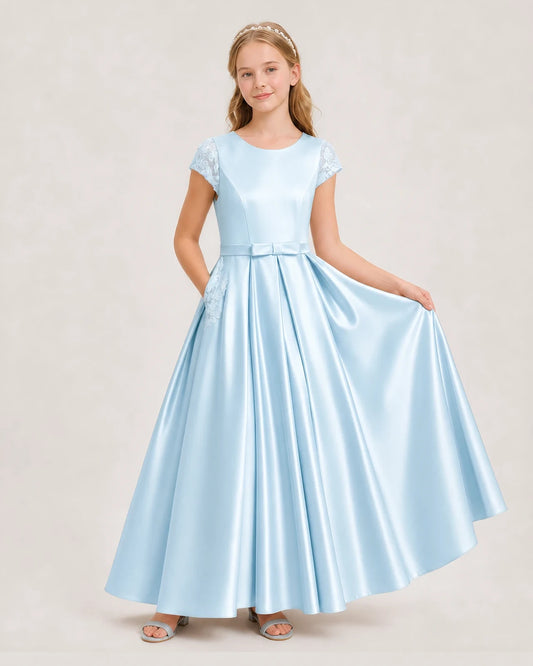 Dideyttawl Lace Cap Sleeve Satin Junior Bridesmaid Dress