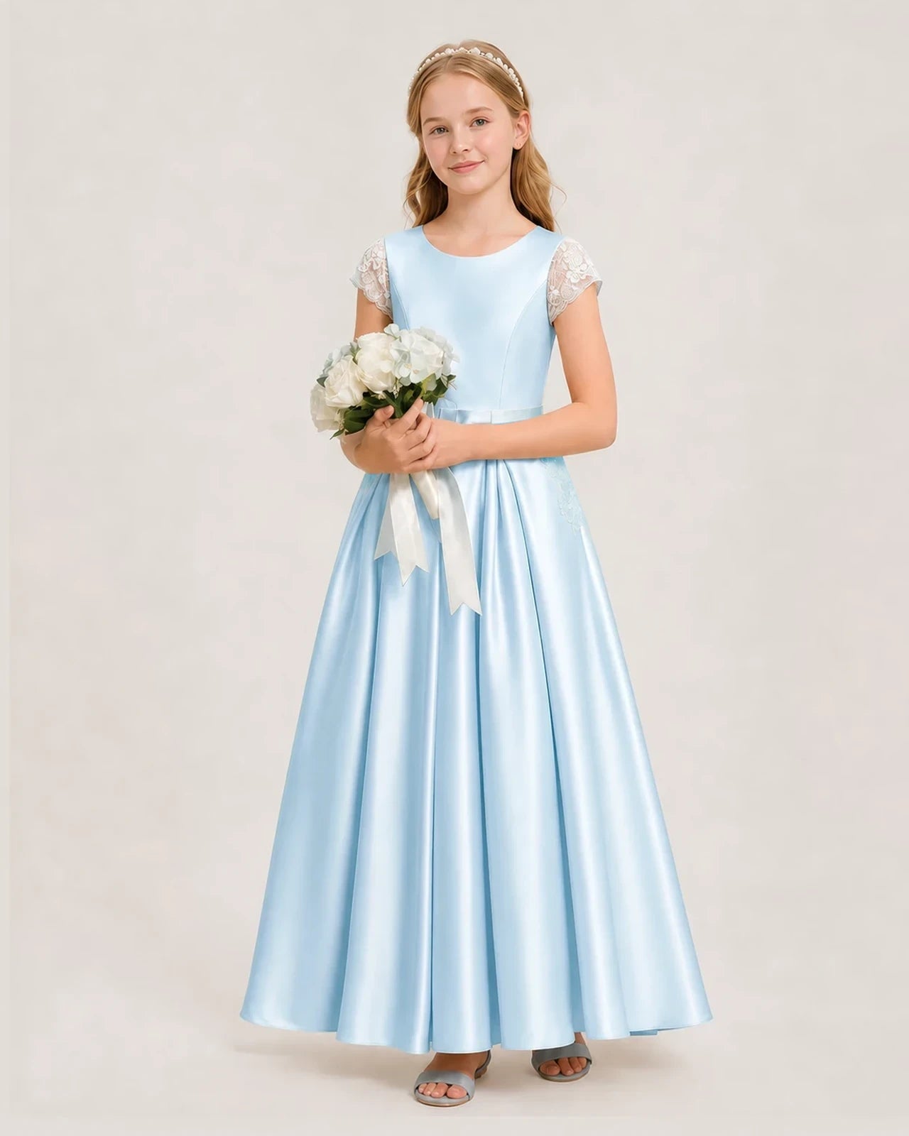 Baby Blue Satin A-Line Junior Bridesmaid Dresses Side View