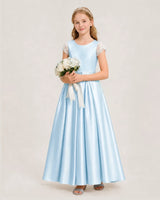 Baby Blue Satin A-Line Junior Bridesmaid Dresses Side View