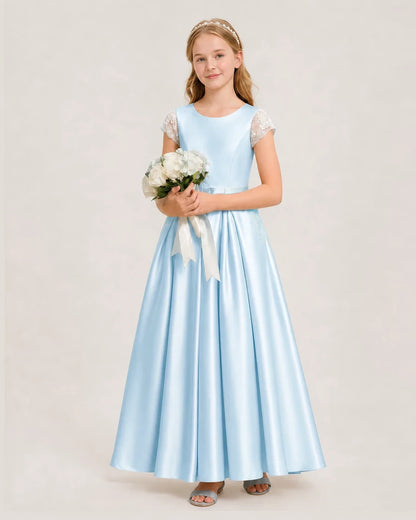 Baby Blue Satin A-Line Junior Bridesmaid Dresses Side View