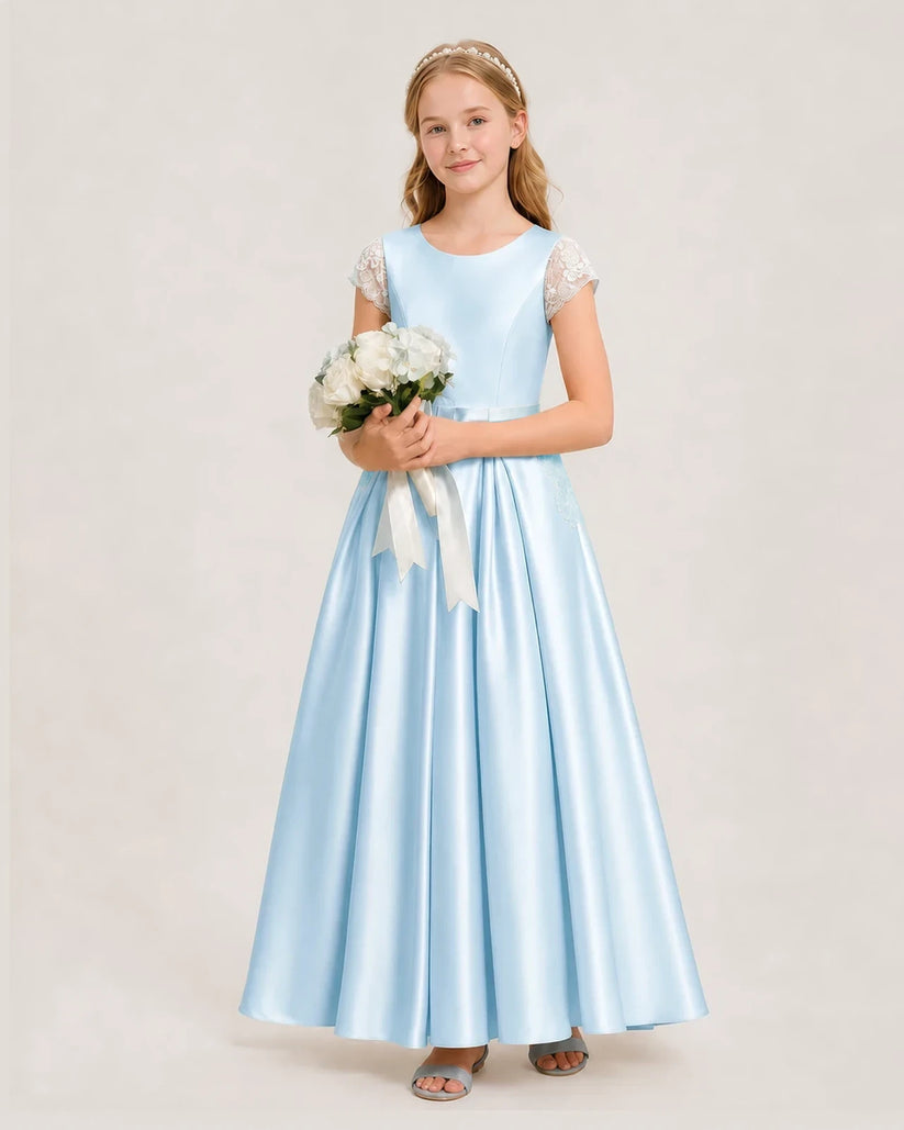 Baby Blue Satin A-Line Junior Bridesmaid Dresses Side View
