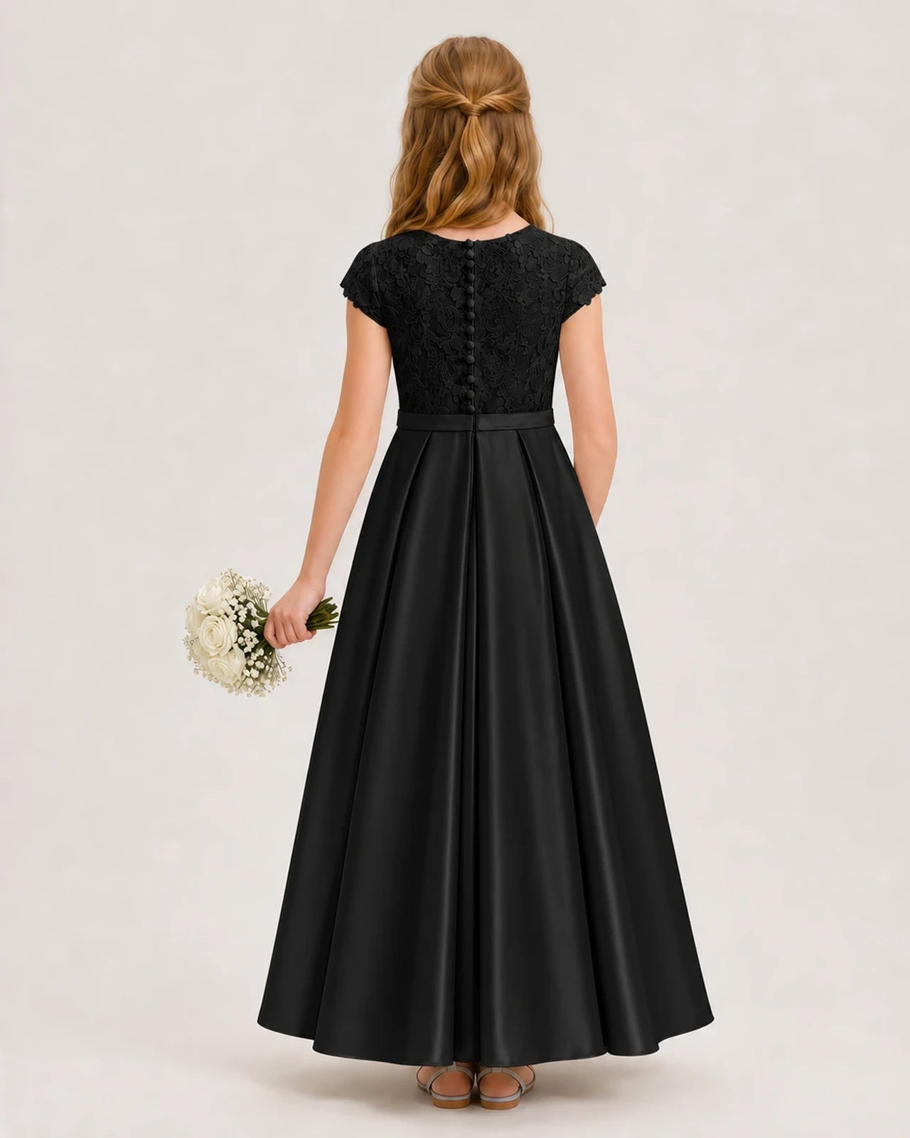 Black Satin Lace A-Line Junior Bridesmaid Dresses Back View