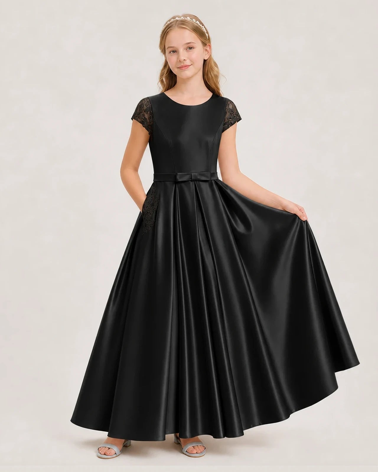 Black Satin A-Line Junior Bridesmaid Dresses Front View