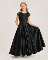 Black Satin A-Line Junior Bridesmaid Dresses Front View