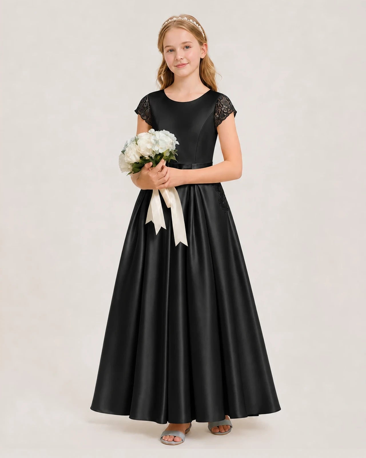 Black Satin Lace Cap Sleeve Junior Bridesmaid Dresses Side View