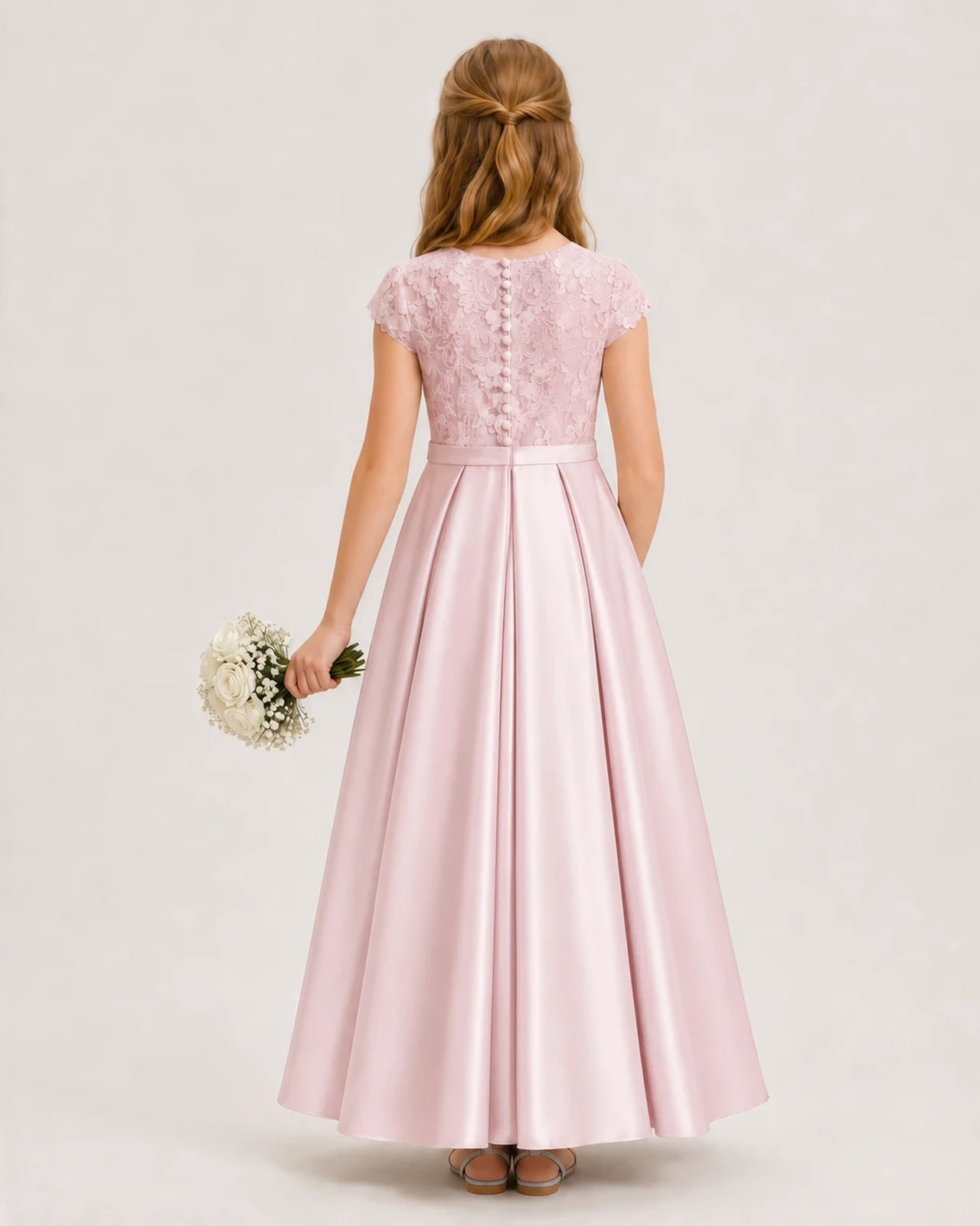 Blush Pink Satin Lace A-Line Junior Bridesmaid Dresses Back View