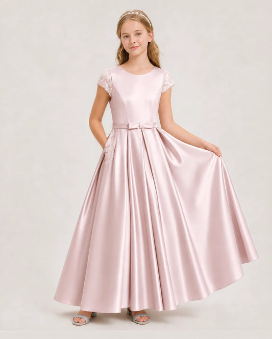 Blush Pink Satin A-Line Junior Bridesmaid Dresses Front View