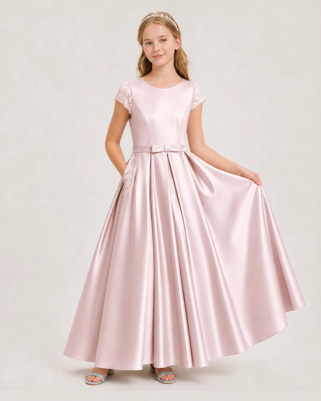 Blush Pink Satin A-Line Junior Bridesmaid Dresses Front View