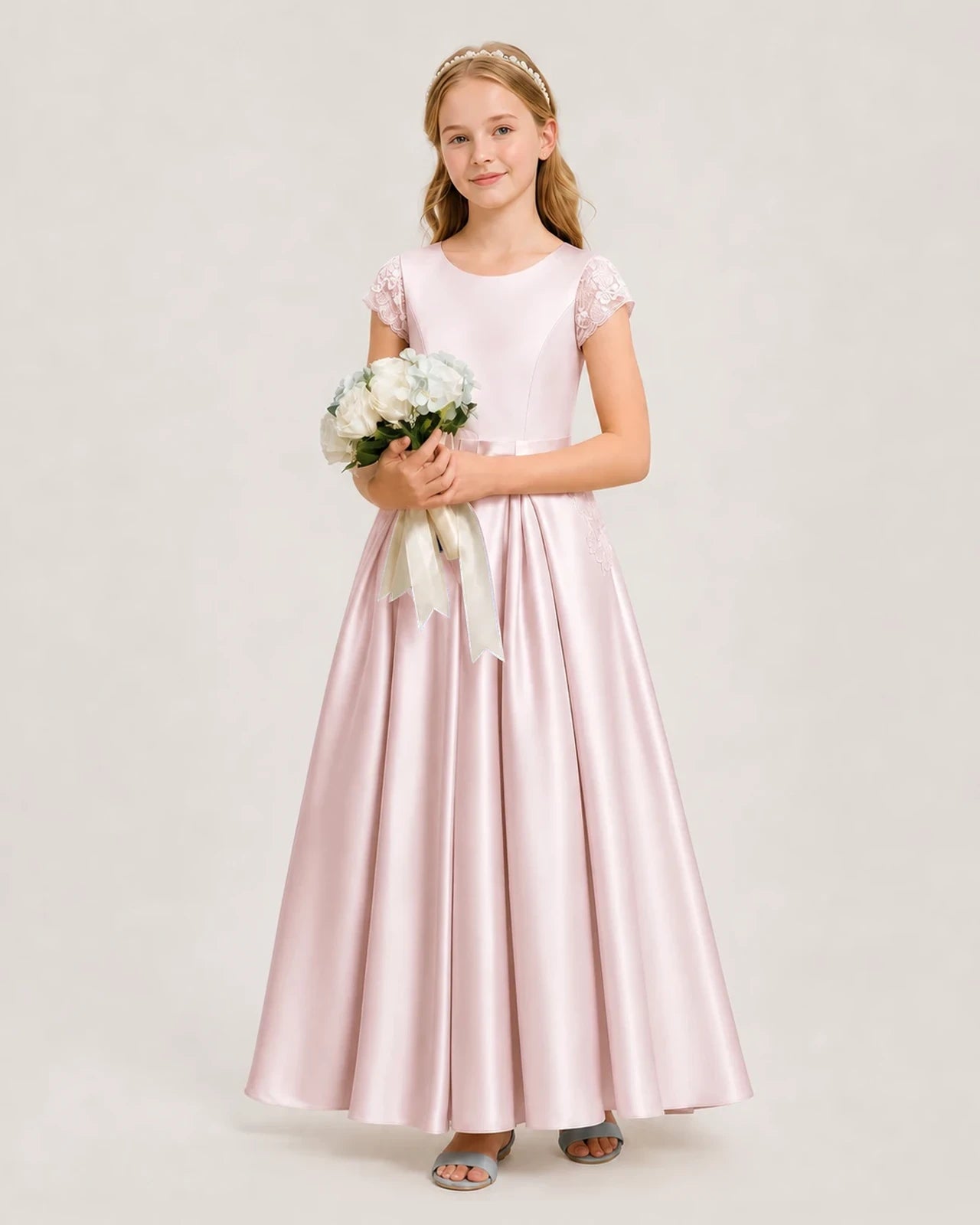 Blush Pink Satin Cap Sleeve A-Line Junior Bridesmaid Dresses Side View