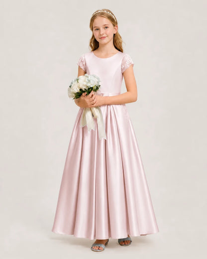 Blush Pink Satin Cap Sleeve A-Line Junior Bridesmaid Dresses Side View