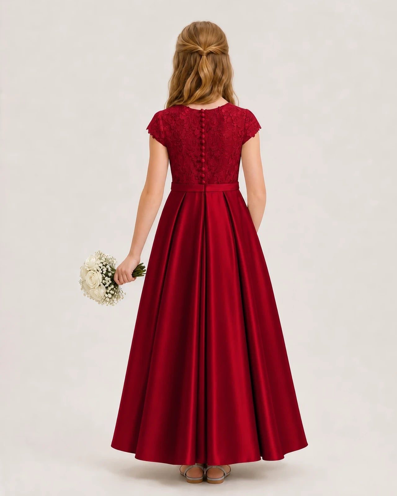 Burgundy Satin Lace Junior Bridesmaid Dresses Back View