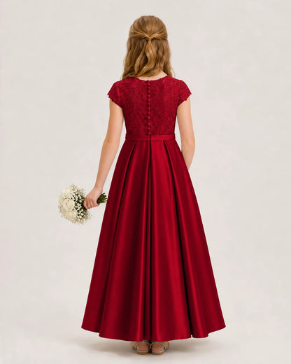 Burgundy Satin Lace Junior Bridesmaid Dresses Back View