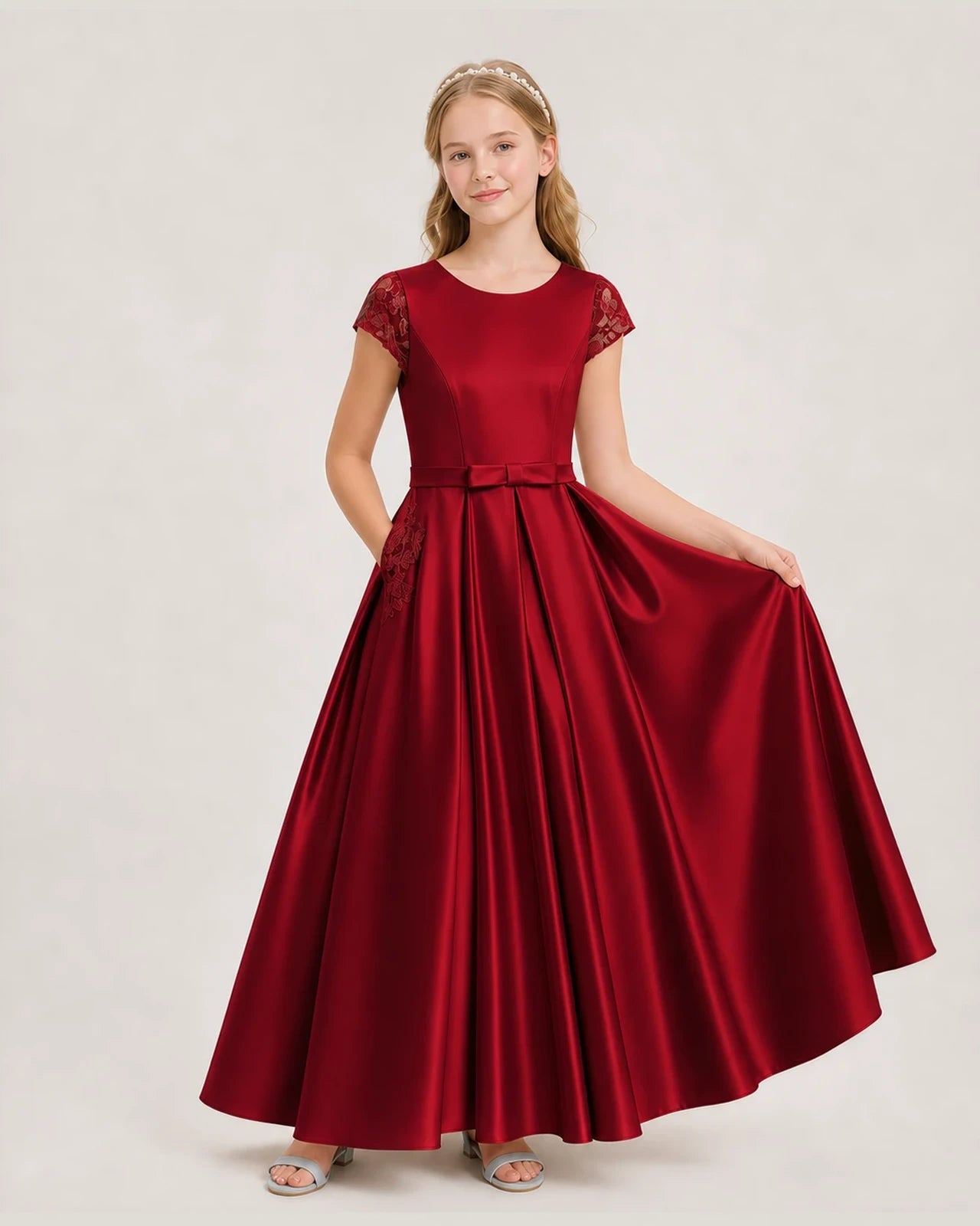 Burgundy Satin A-Line Junior Bridesmaid Dresses Front View