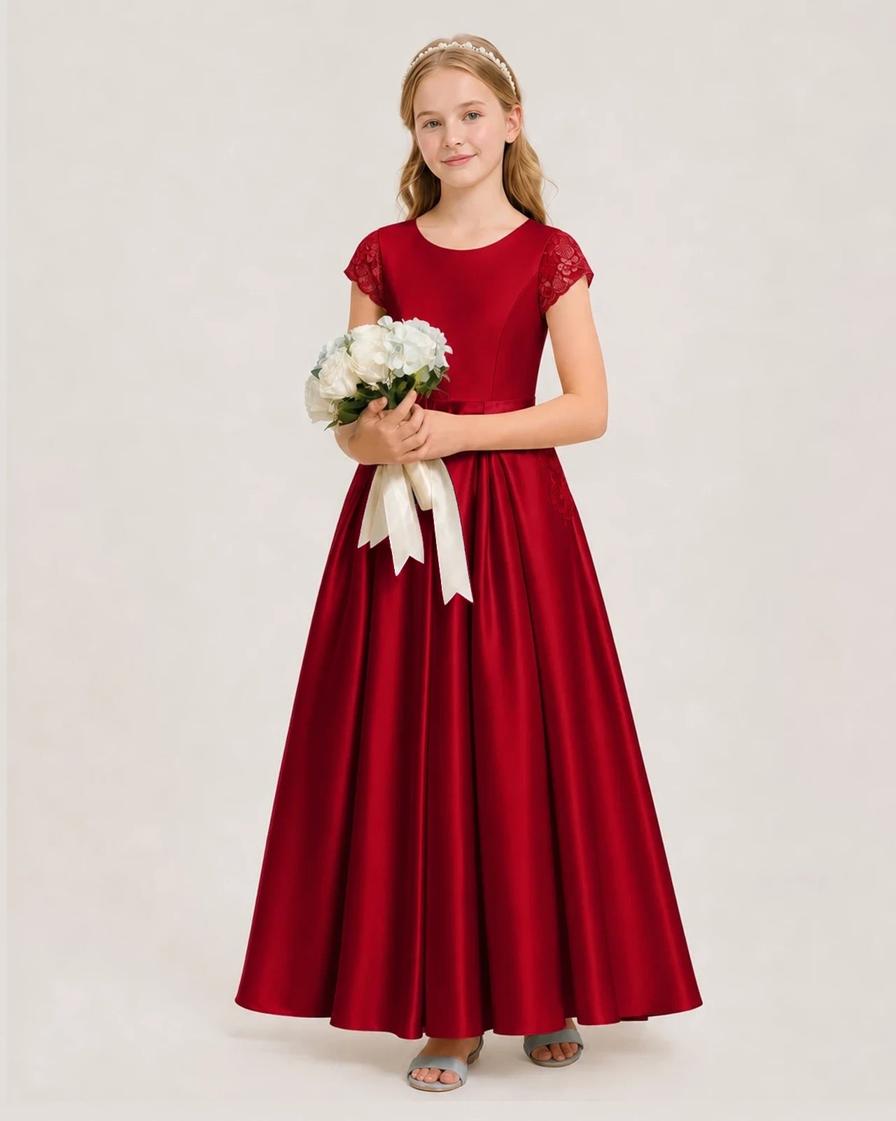 Burgundy Satin A-Line Junior Bridesmaid Dresses Side View