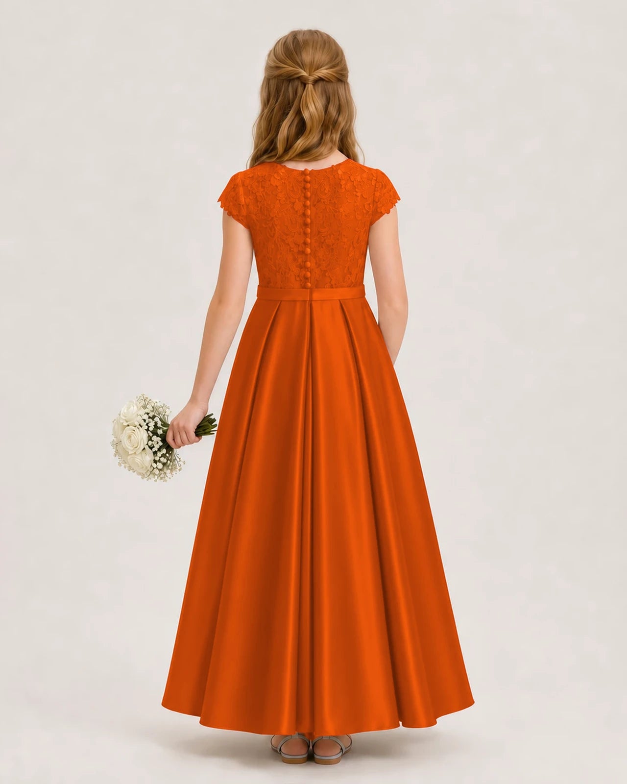 Burnt Orange Satin Lace A-Line Junior Bridesmaid Dresses Back View