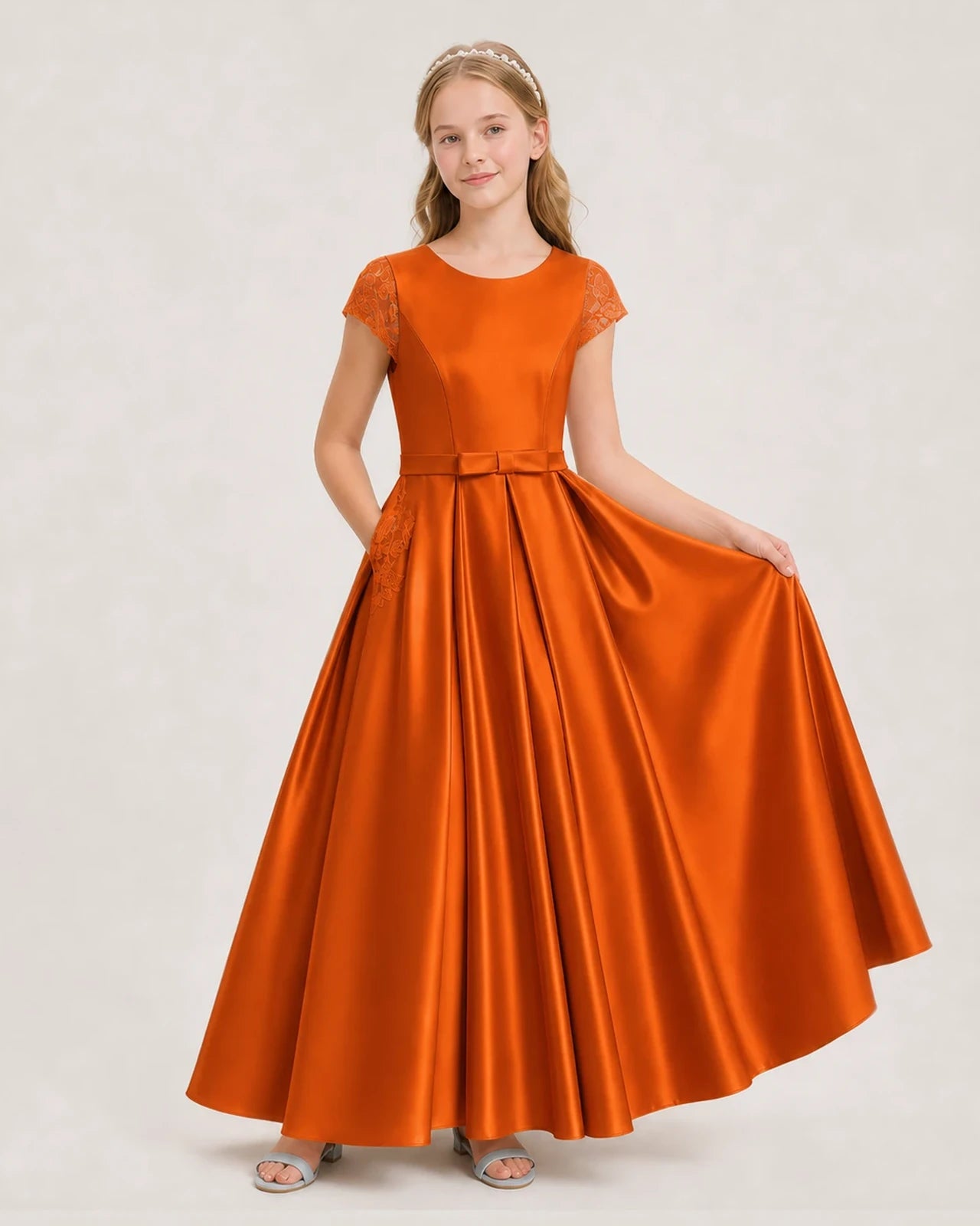 Burnt Orange Satin A-Line Junior Bridesmaid Dresses Front View