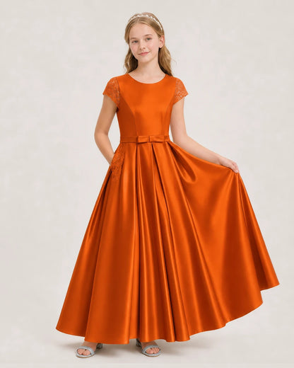 Burnt Orange Satin A-Line Junior Bridesmaid Dresses Front View