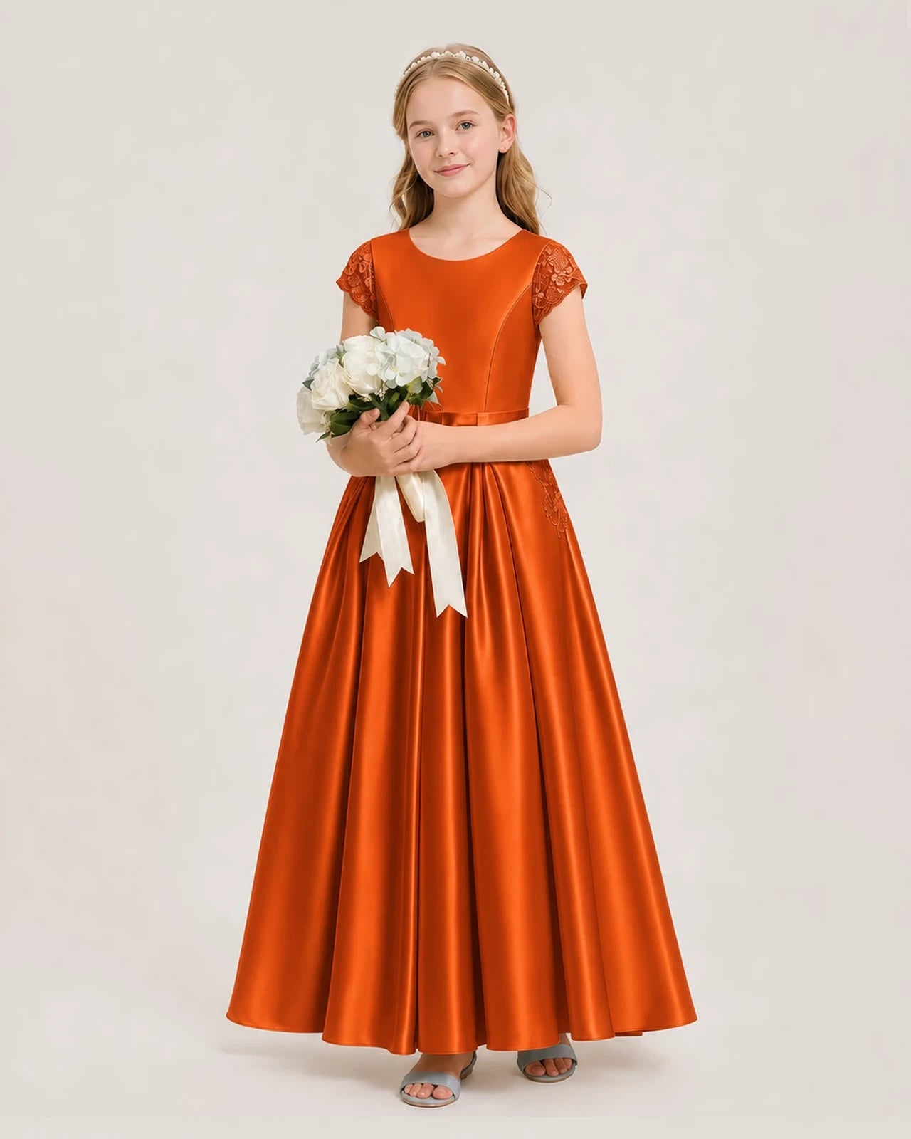 Burnt Orange Satin A-Line Junior Bridesmaid Dresses Side View