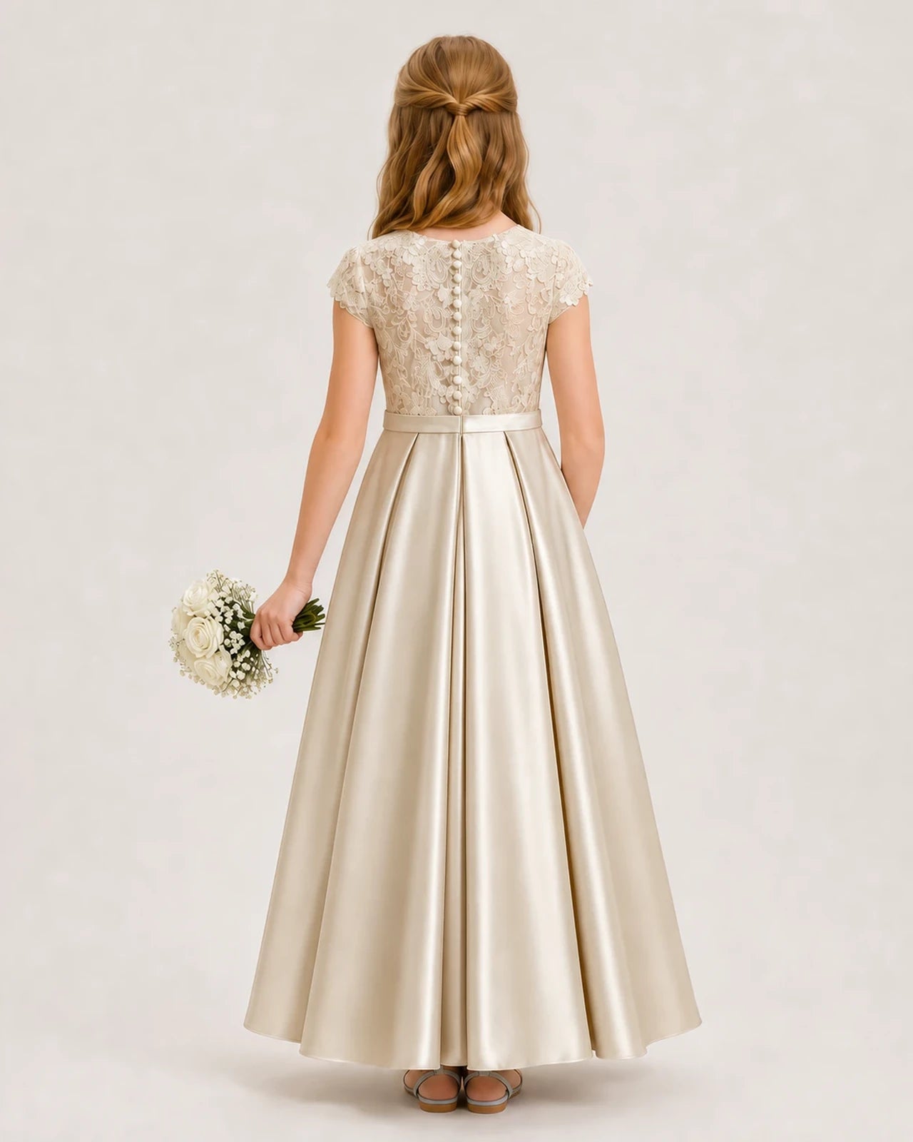 Champagne Satin Lace A-Line Junior Bridesmaid Dresses Back View
