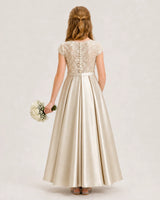 Champagne Satin Lace A-Line Junior Bridesmaid Dresses Back View