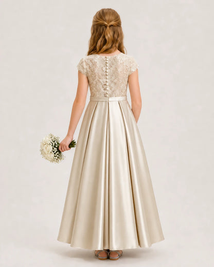Champagne Satin Lace A-Line Junior Bridesmaid Dresses Back View