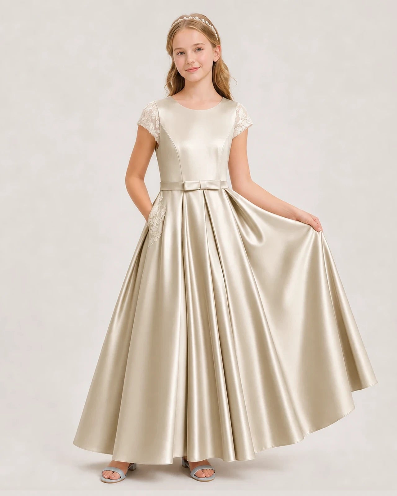 Champagne Satin A-Line Junior Bridesmaid Dresses Front View