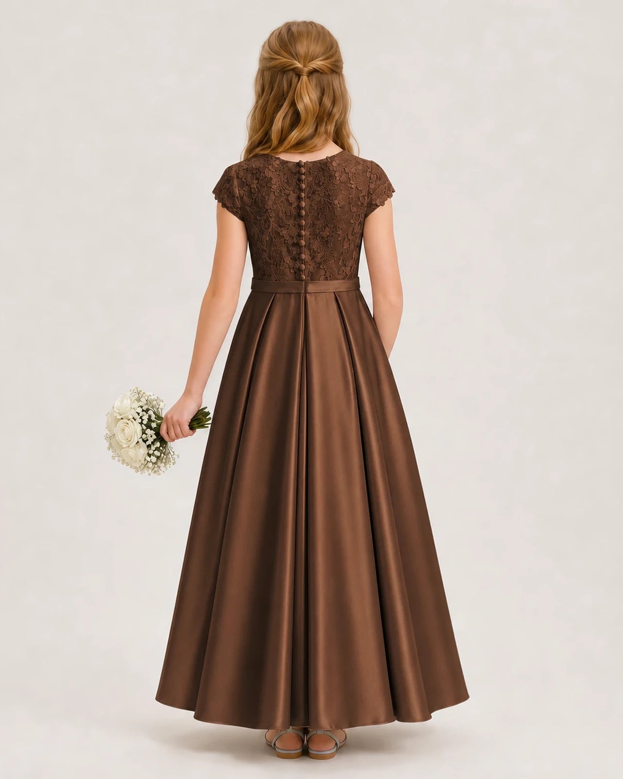Chocolate Satin Lace A-Line Junior Bridesmaid Dresses Back View