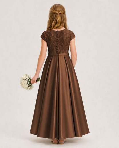 Chocolate Satin Lace A-Line Junior Bridesmaid Dresses Back View