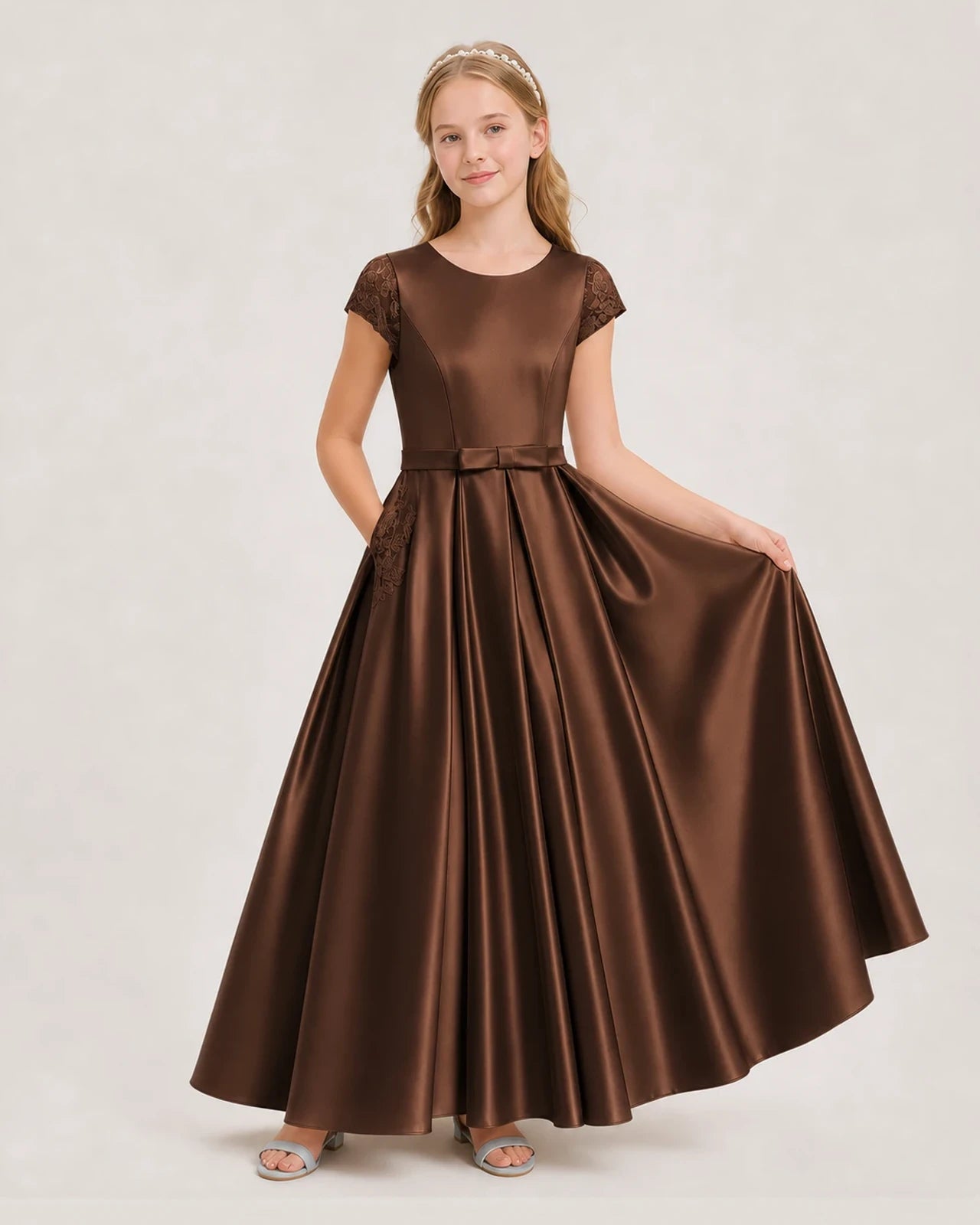 Chocolate Satin A-Line Junior Bridesmaid Dresses Front View