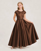 Chocolate Satin A-Line Junior Bridesmaid Dresses Front View