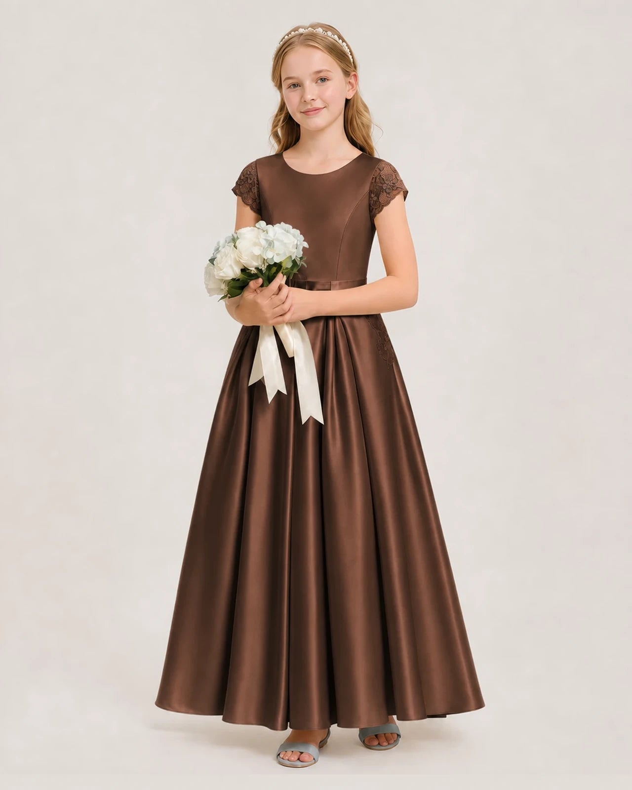 Chocolate Satin A-Line Junior Bridesmaid Dresses Side View