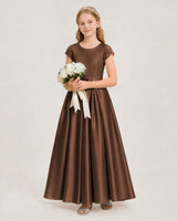 Chocolate Satin A-Line Junior Bridesmaid Dresses Side View