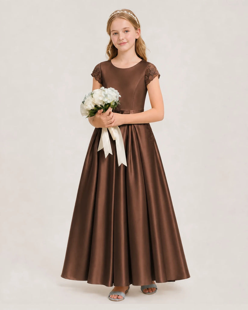 Chocolate Satin A-Line Junior Bridesmaid Dresses Side View