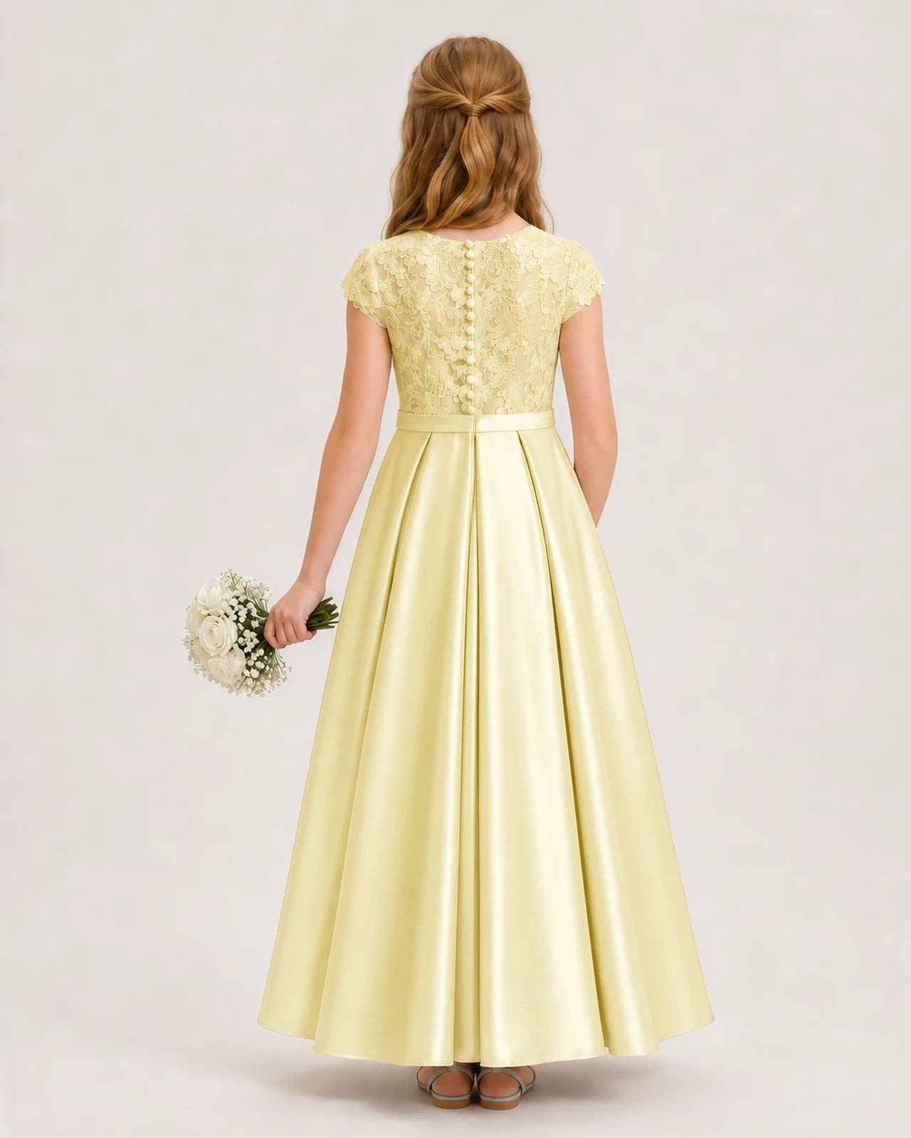 Daffodil satin and lace A-line junior bridesmaid dress, Back View