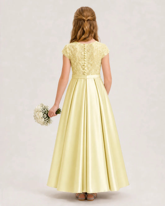 Daffodil satin and lace A-line junior bridesmaid dress, Back View