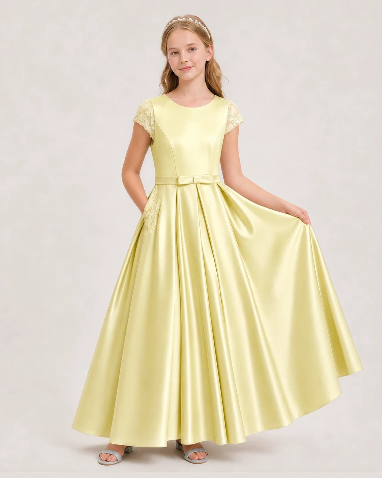 Daffodil Satin A-Line Junior Bridesmaid Dresses Front View
