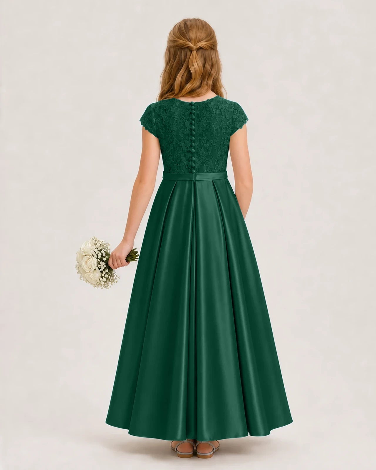 Dark Green Satin Lace A-Line Junior Bridesmaid Dresses Back View
