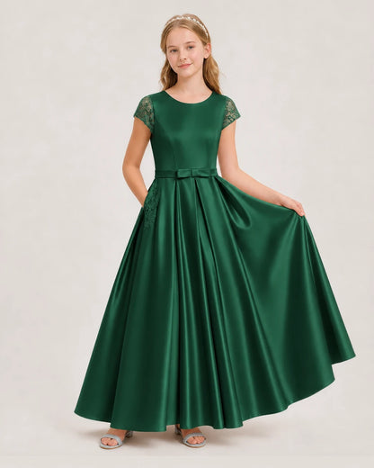 Dark Green Satin A-line Junior Bridesmaid Dresses Front View
