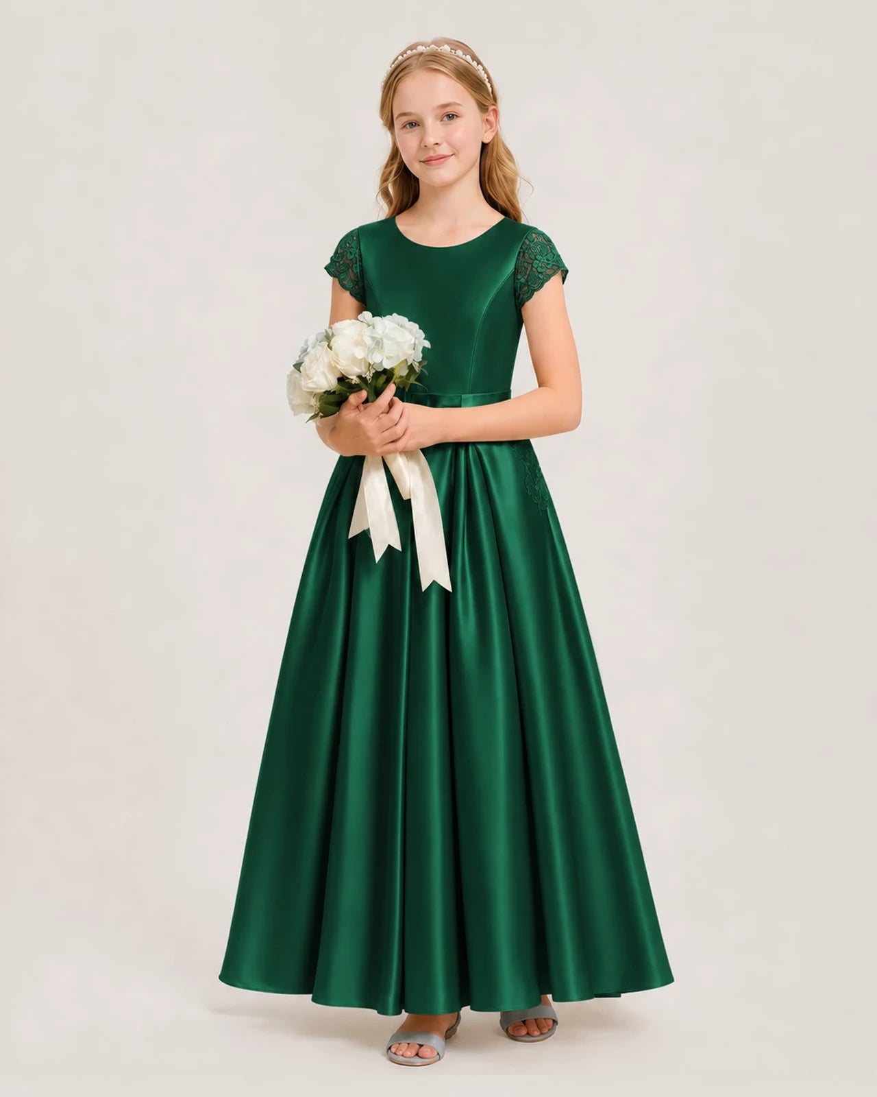 Dark Green Satin Cap Sleeve Junior Bridesmaid Dresses Side View