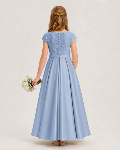 Dusty Blue Satin Lace A-Line Junior Bridesmaid Dresses Back View