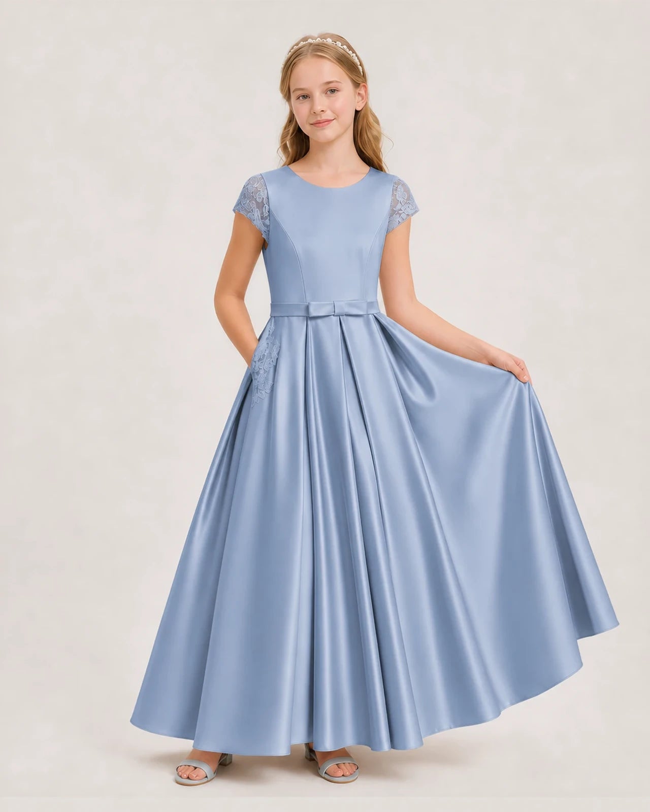 Dusty Blue Satin A-Line Junior Bridesmaid Dresses Front View