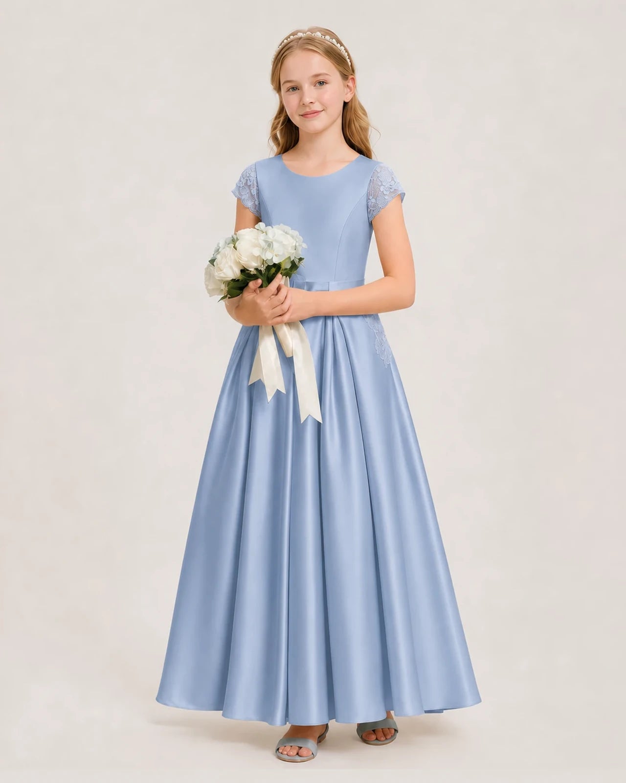 Dusty blue satin A-line junior bridesmaid dress side view