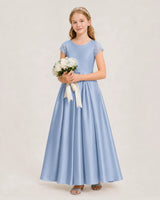 Dusty blue satin A-line junior bridesmaid dress side view