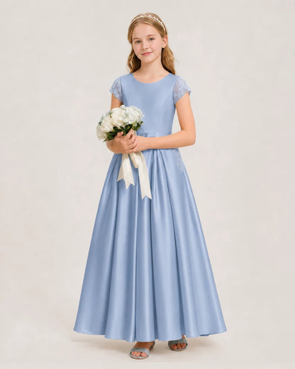 Dusty blue satin A-line junior bridesmaid dress side view