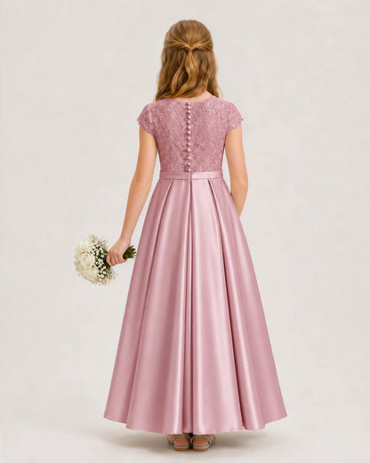 Dusty Rose Lace and Satin A-Line Junior Bridesmaid Dresses Back View