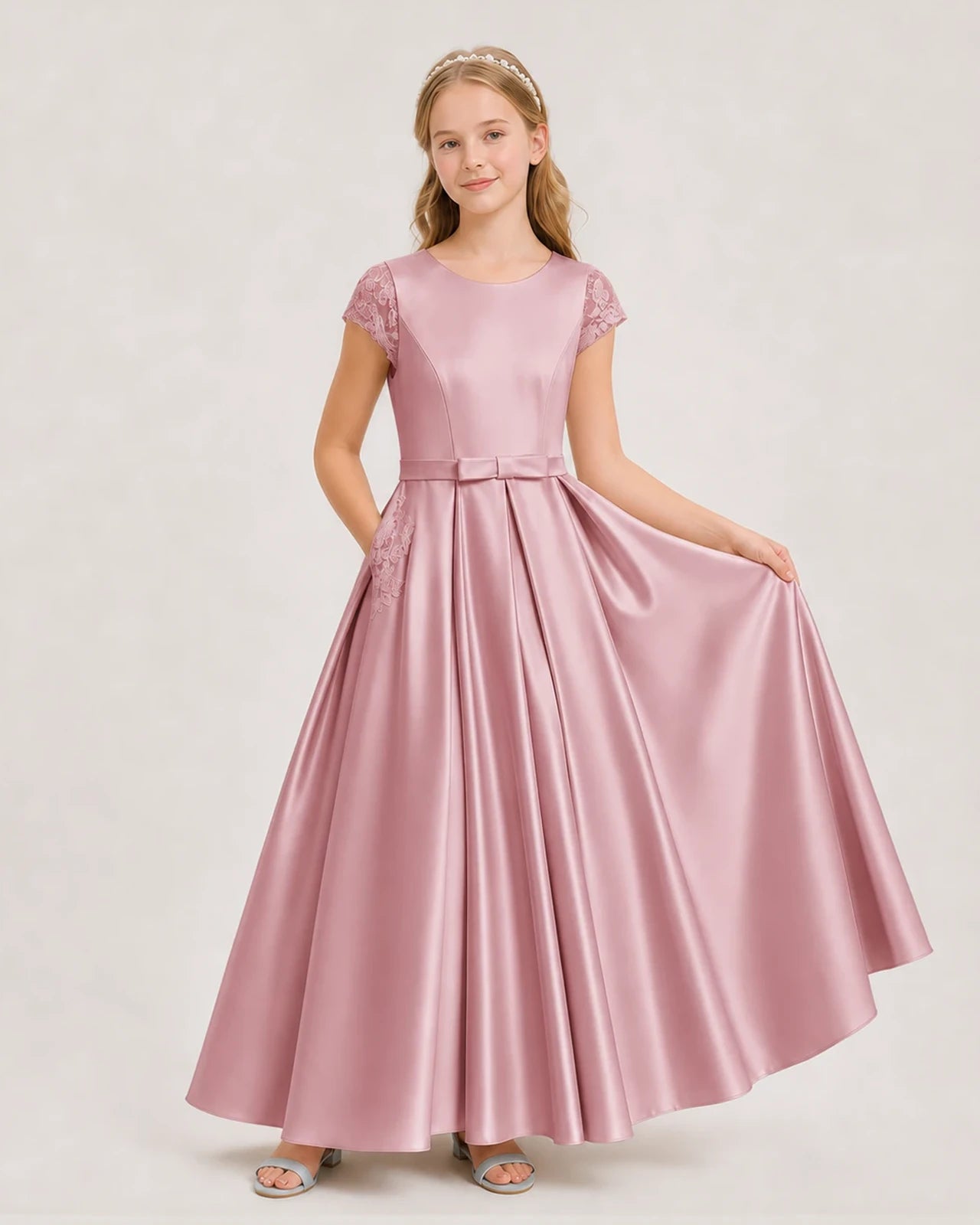 Dusty Rose Satin A-Line Junior Bridesmaid Dresses Front View