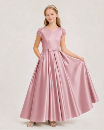 Dusty Rose Satin A-Line Junior Bridesmaid Dresses Front View