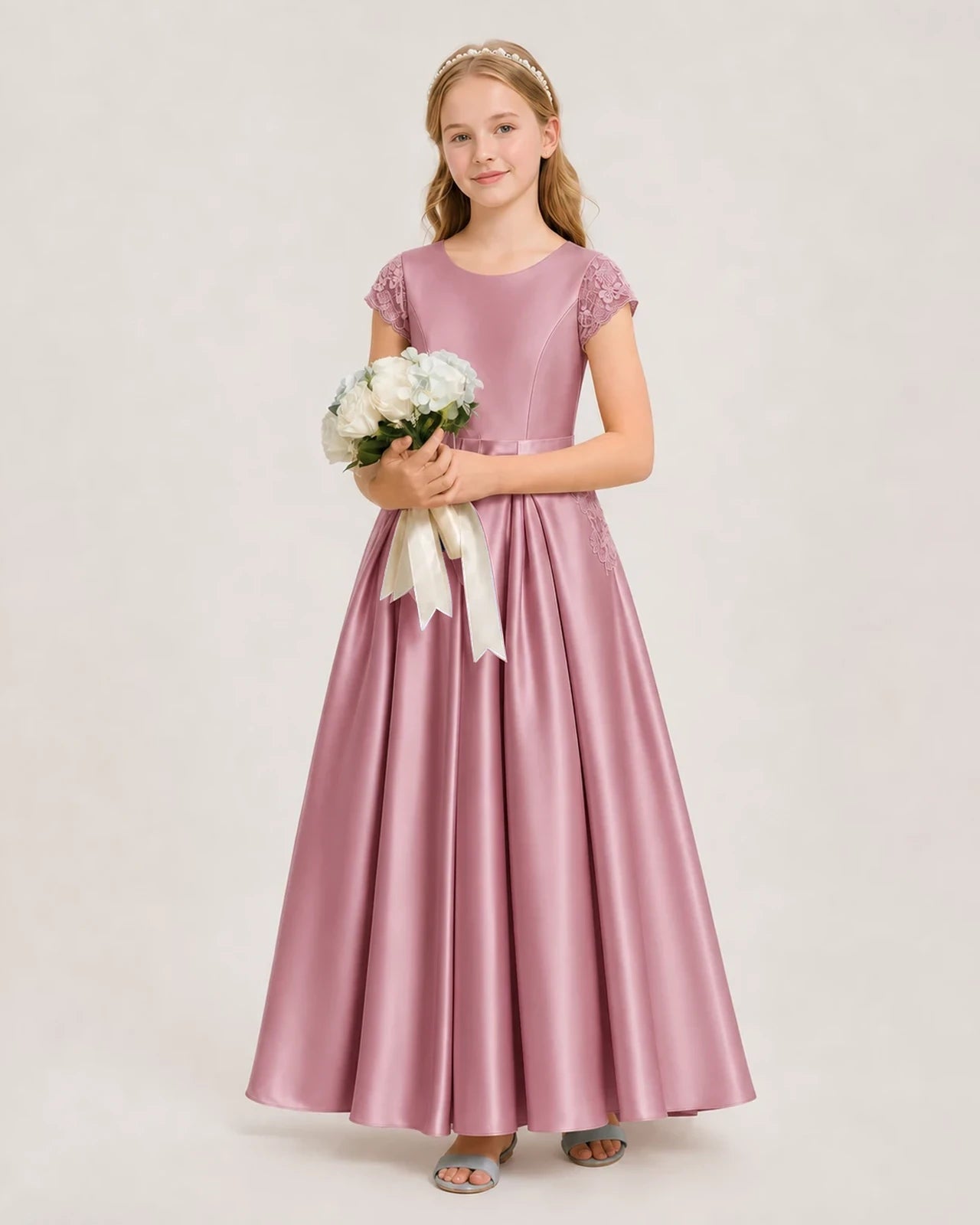 Dusty Rose Satin Pleated Junior Bridesmaid Dresses Side View