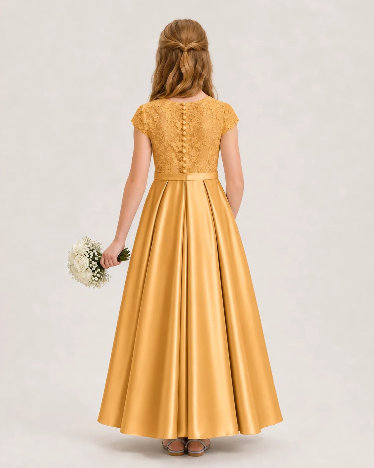 Gold Satin Lace A-Line Junior Bridesmaid Dresses Back View